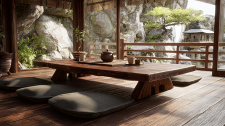 This serene Japanese tea room features traditional wooden furnishings and soft seating, creating an inviting space for relaxation and meditation amidst nature's beauty.の素材
