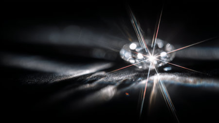 A stunning close-up of a sparkling diamond resting on a dark surface, featuring mesmerizing light reflections and incredible clarity, perfect for luxury themes and elegance.の素材
