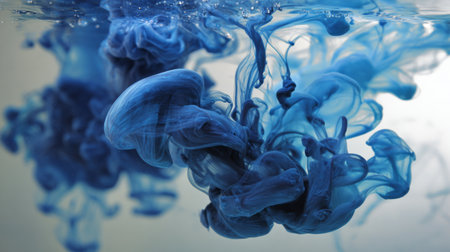 Experience the captivating beauty of vibrant blue ink swirling in water, creating stunning abstract patterns against a serene backdrop, illuminated by soft bubbles.の素材