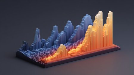 A captivating 3D representation of sound waves illustrated through peaks and valleys, featuring a smooth gradient from blue to orange, ideal for modern designs.の素材