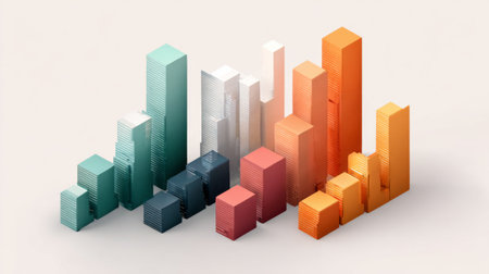 A vibrant 3D bar graph illustration showcasing various heights and colors of skyscrapers, representing data trends and business analysis concepts for corporate settings.の素材