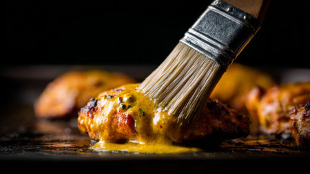 Captivating close-up of golden sauce being brushed onto grilled chicken, showcasing vibrant colors and texture, perfect for culinary enthusiasts and food photographers.の素材