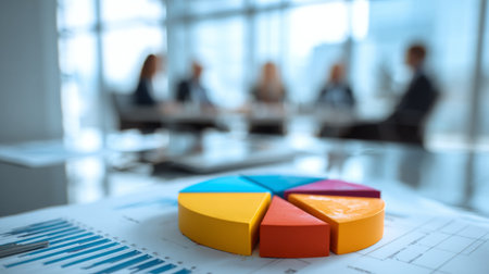 A vibrant pie chart sits on a desk while business professionals engage in discussions in a modern meeting room. The atmosphere is productive and collaborative.の素材