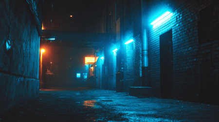 This captivating urban alley features mesmerizing neon lights and a wet pavement, creating a moody atmosphere that invites exploration and intrigue.の素材