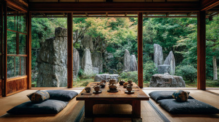 A serene Japanese tea room presenting a tranquil view of nature, featuring traditional decor, a Zen garden, and a peaceful atmosphere, ideal for relaxation and meditation.の素材