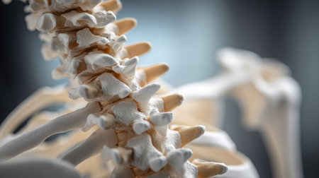 This close-up image of a human spine model highlights the intricate structure of vertebrae, perfect for educational materials or medical presentations.の素材