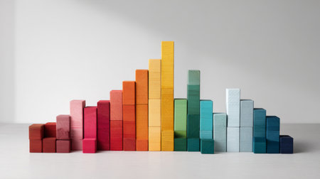 This image features an artistic arrangement of colorful wooden blocks in varying heights, forming a histogram shape that brings a vibrant and playful touch to any space.の素材