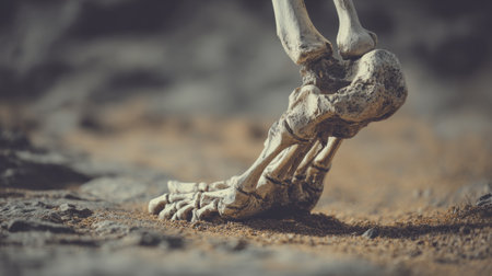 This close-up image highlights the intricate details of a human skeleton foot, showcasing the bones and joints in a natural setting. Ideal for educational use.の素材