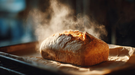 A freshly baked bread loaf sits on a tray, with steam rising in a cozy kitchen, highlighting the warmth and comfort of homemade cooking and delicious aromas.の素材