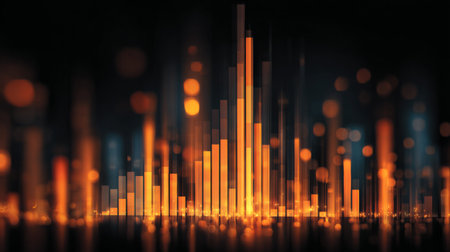 This abstract digital image features vibrant orange sound waves on a dark background, perfect for illustrating modern technologies, data visualizations, and energy concepts.の素材