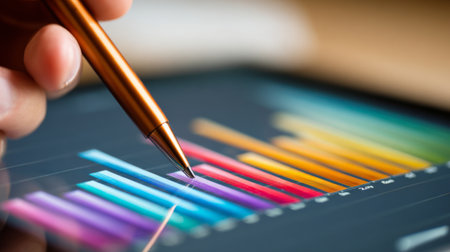 A detailed view of a person using a stylus pen to examine a vibrant bar chart displayed on a tablet screen, symbolizing data analysis and modern technology solutions.の素材