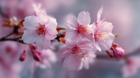 This image captures delicate cherry blossoms displaying soft pink petals on a branch, set against a dreamy blurred background, evoking the tranquility of spring.の素材