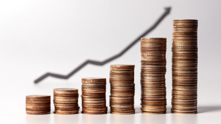Stacks of coins exhibit financial growth with a rising arrow in the background, ideal for highlighting concepts of investment, prosperity, and wealth creation.の素材