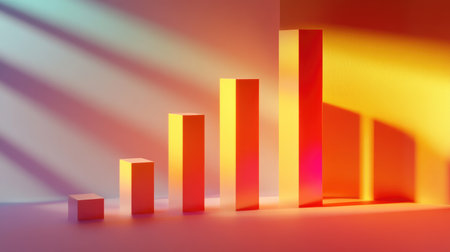 An abstract representation of growth featuring colorful bars illuminated by soft light. Ideal for marketing, business, and technology themes.の素材