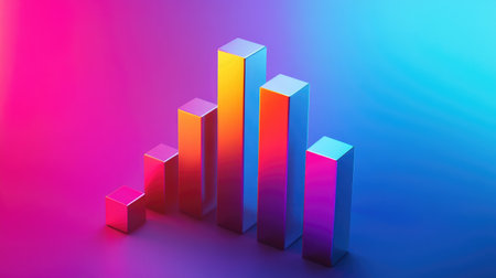 Vibrant 3D chart depicting growth with colorful blocks on a gradient background. Ideal for business presentations, financial reports, and data analysis.の素材
