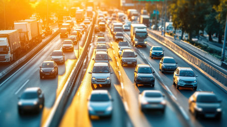 A vibrant city scene depicting bustling traffic during sunset, highlighting the busy nature of urban life and transportation dynamics on a highway.の素材