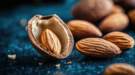 Discover fresh almonds in various stages on a dark surface. This image showcases the beauty and texture of these nutritious nuts, perfect for food enthusiasts.の素材