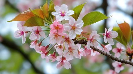 A stunning close-up of a cherry blossom branch, showcasing delicate pink flowers against a softly blurred background, celebrating the beauty of springtime.の素材