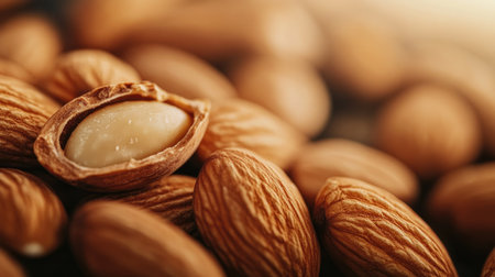A close-up image of almonds scattered on a wooden surface, showcasing the rich texture and earthy tones of these nutritious nuts. Ideal for food-related content.の素材