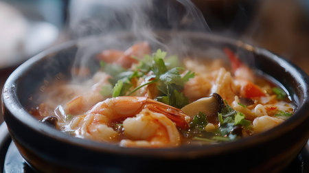 A steaming bowl of shrimp dish garnished with fresh herbs. This vibrant seafood meal offers a delicious blend of flavors and textures. Perfect for culinary enthusiasts.の素材