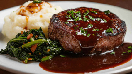 A mouthwatering plate featuring a juicy steak drizzled with rich sauce, accompanied by creamy mashed potatoes and sautの素材
