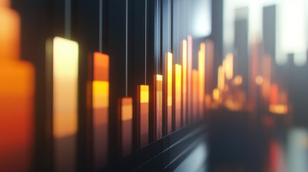 This abstract image captures the essence of digital data visualization, featuring vibrant bars and dynamic light effects, perfect for technology and finance themes.の素材