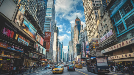 A vibrant city street bustling with traffic, skyscrapers, and colorful signage. The scene captures the energy of urban life against a backdrop of blue sky and clouds.の素材