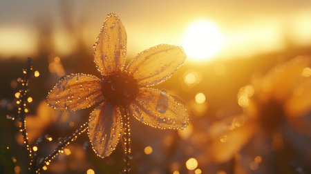 A stunning close-up of a dewy flower petal illuminated by the soft light of sunrise, showcasing nature's beauty and freshness in a serene setting.の素材