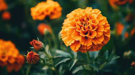 A stunning close-up of vibrant orange marigold flowers, showcasing their intricate petals and lush green foliage in a beautifully lit garden setting.の素材