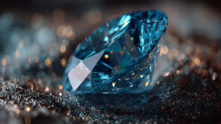 A captivating close-up image of a blue diamond gemstone reflecting light in an elegant manner, surrounded by a dark, textured background that enhances its beauty.の素材
