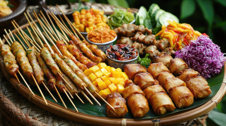 An enticing array of grilled and fried Asian delicacies served on a woven platter, featuring vibrant colors and flavors ideal for gatherings or special occasions.の素材
