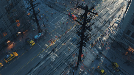 Vibrant city intersection buzzing with activity, featuring pedestrians navigating crosswalks, yellow taxis in motion, and power lines framing the urban scene.の素材