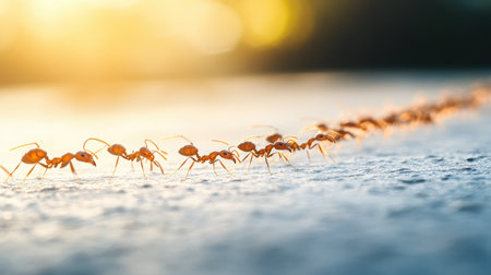 A close-up shot of a line of ants marching across a surface under soft sunlight. This image captures the essence of teamwork and nature's intricate beauty.の素材