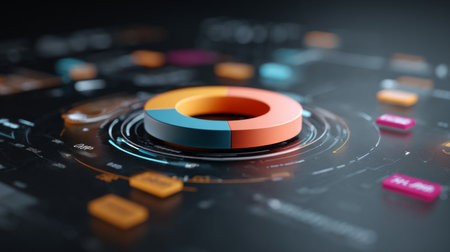 This image showcases an innovative digital data visualization featuring vibrant circular charts and interactive graphs set against a sleek dark background.の素材