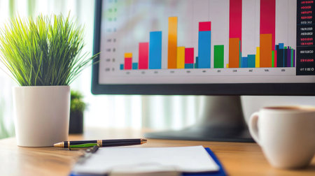 A vibrant display of bar graphs on a computer screen in a modern workspace, showcasing data analysis tools with a coffee cup and plant accent.の素材