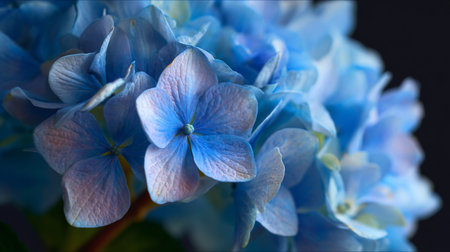 This captivating close-up image showcases delicate blue hydrangea blossoms, highlighting their soft petals and vibrant colors against a dark background, perfect for floral designs.の素材