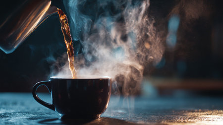 Experience the inviting warmth of freshly brewed coffee steaming in a black mug, creating a cozy atmosphere. The gentle pour and soft lighting enhance the inviting scene.の素材