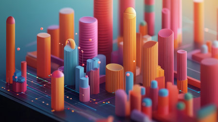 A captivating 3D cityscape featuring vibrant geometric shapes and colors. This artistic representation blends modern design with abstract elements, ideal for creative projects.の素材