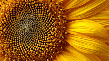 This image showcases a stunning close-up of a sunflower, highlighting the intricate seed pattern and vivid yellow petals, celebrating the beauty of nature in detail.の素材