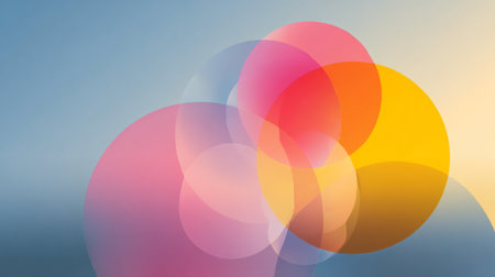 An abstract composition featuring overlapping circles in vibrant colors on a soft gradient background. Perfect for creative projects, design concepts, and artistic inspiration.の素材