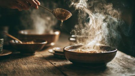A warm bowl of steaming soup served with a wooden spoon captures the essence of comfort in a cozy kitchen setting, evoking feelings of home and warmth.の素材