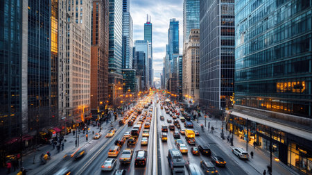 A vibrant city street bustling with traffic and skyscrapers at dusk, showcasing the dynamic energy of urban life and architectural beauty in a metropolitan area.の素材