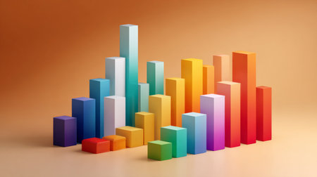 This vibrant image features an abstract representation of a bar graph, showcasing colorful cubes and gradients set against a warm background, ideal for data analysis.の素材