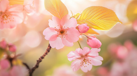 A captivating close-up of cherry blossoms showcasing their delicate pink petals and green leaves, bathed in soft, warm light. Perfect for spring-themed projects.の素材