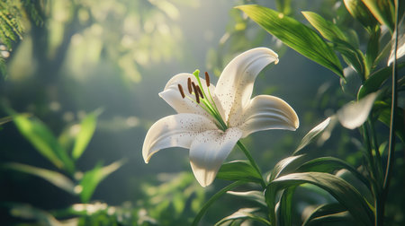 A stunning white lily gracefully stands amidst a serene natural setting, showcasing its delicate petals and vibrant green foliage under soft sunlight, creating a peaceful atmosphere.の素材