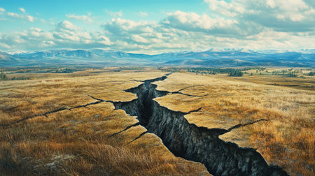 A stunning view of cracked earth stretching across the landscape, framed by mountains and a bright blue sky dotted with clouds. This serene image captures the beauty and intrigue of geological formations in nature.の素材