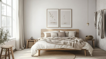 A serene minimalist bedroom featuring a wooden bed, soft linens, and natural light. The calming decor includes framed botanical art and a cozy atmosphere.の素材