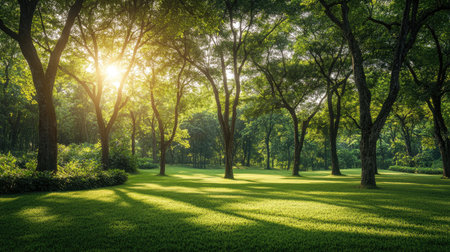 Experience the serene beauty of sunlight filtering through lush trees in a tranquil forest landscape, creating a peaceful natural atmosphere.の素材