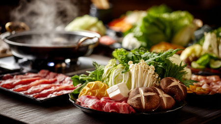 A beautifully arranged display of fresh ingredients for hot pot, featuring colorful vegetables, assorted mushrooms, and meat slices, perfect for a cozy dining experience.の素材