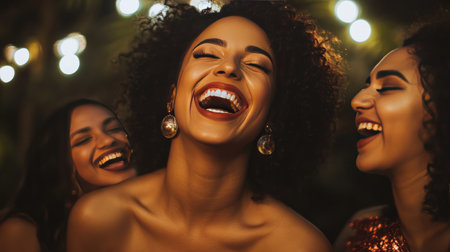 A joyful moment captured as three women share hearty laughter at a night event, surrounded by warm lights, showcasing friendship and happiness.の素材